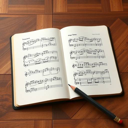 Ein aufgeschlagenes Notenbuch mit Musiktheorie-Übungen und einem Bleistift