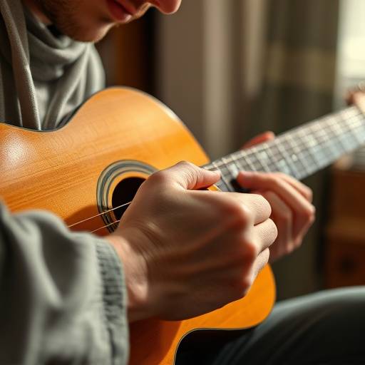 Eine Person, die an einem Songtext arbeitet, mit Gitarre und Notizen