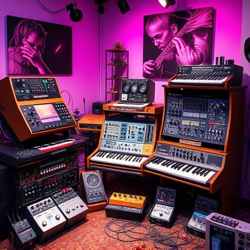Verschiedene Synthesizer-Module und Effektpedale in einem kreativen Setup